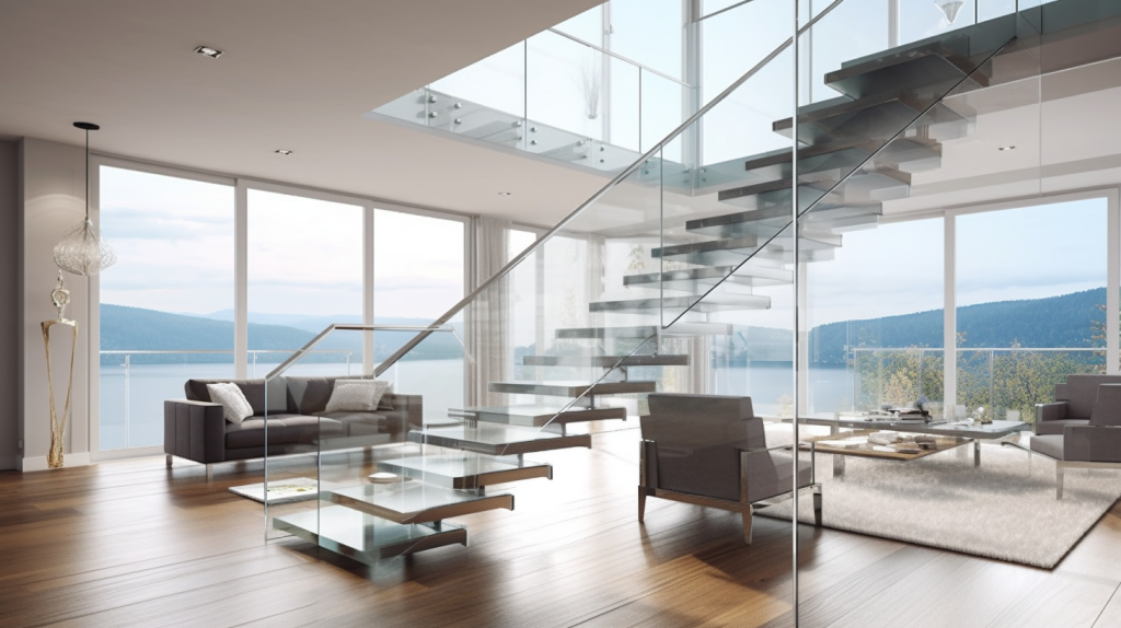 A luxurious living space with a stunning frameless glass railing by Belcarraglass