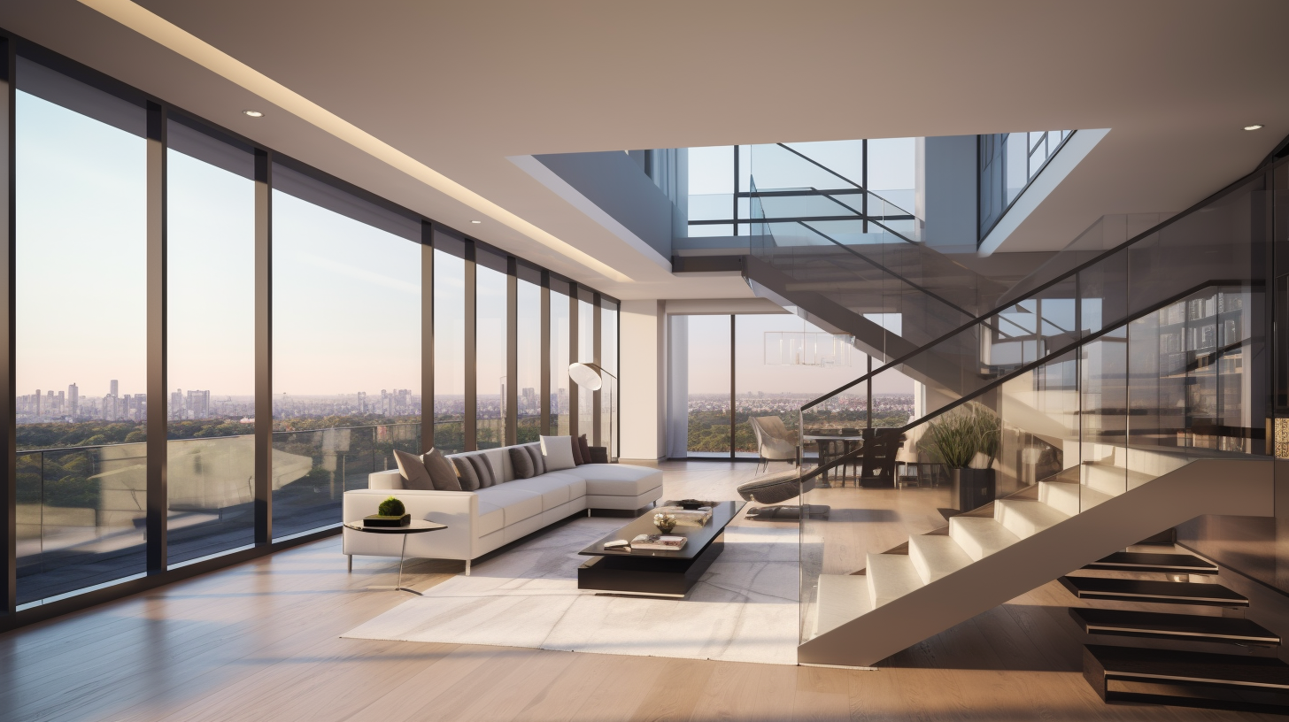 A modern, open-concept living space with glass railings, showcasing an unobstructed view and sleek design