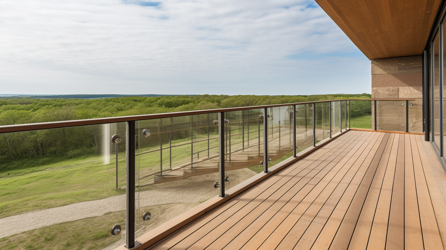 An outdoor deck with glass Commercial Railings, providing wind protection and a clear view of the surrounding landscape