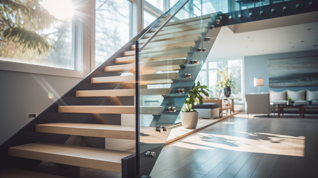 Stylish glass stair railings in Vancouver home
