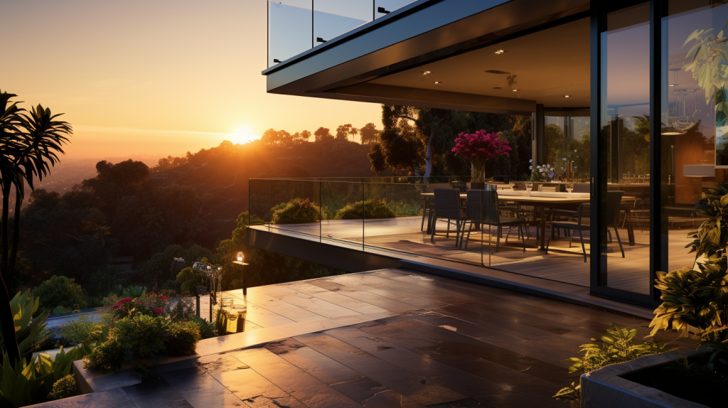 Stunning patio with glass railing at sunset