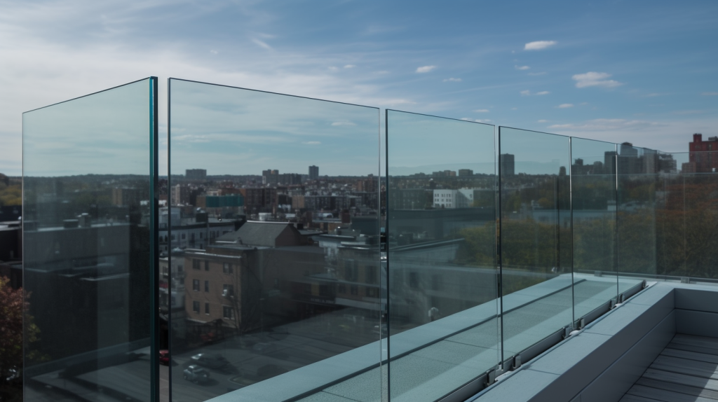 Topless glass railings overlooking cityscape