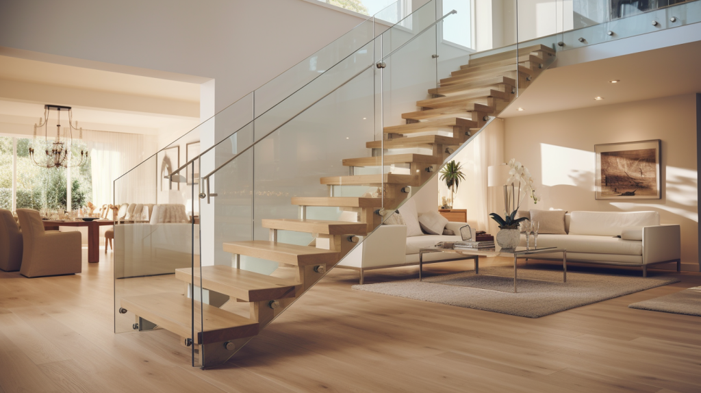 Modern glass stair railing installation in a 2023 home