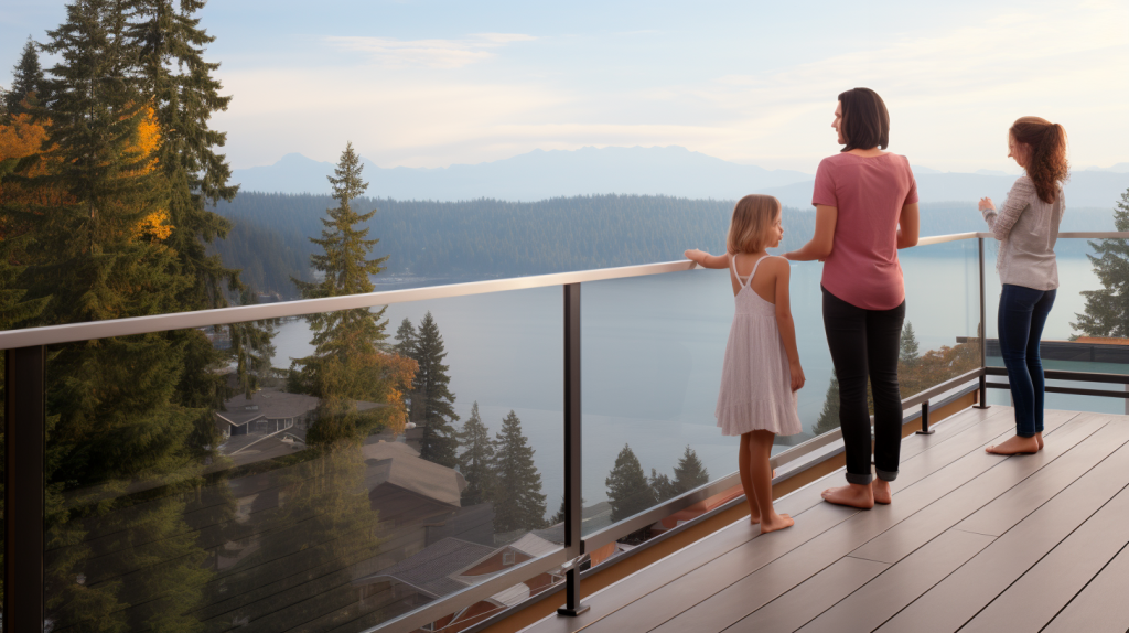 Family enjoying scenic view from deck with compliant railing height in BC