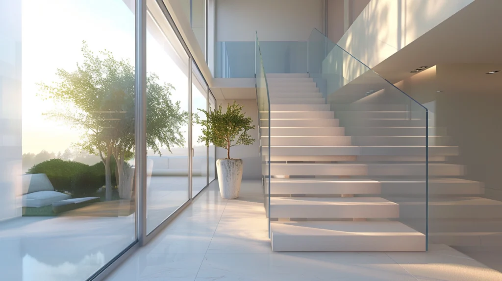 Modern glass banister in a Burnaby home