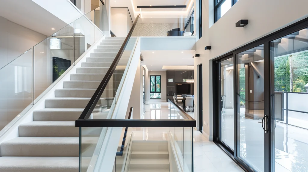 Modern home interior with stylish glass banister railing.