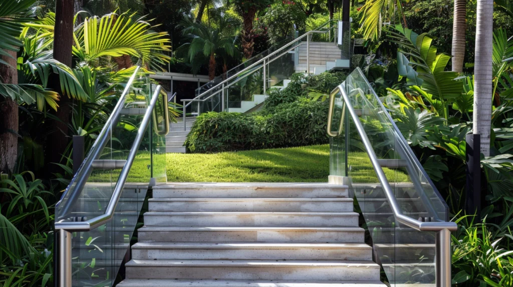 Handrails for Stairs: Elegant Outdoor Metal and Glass Handrail Design