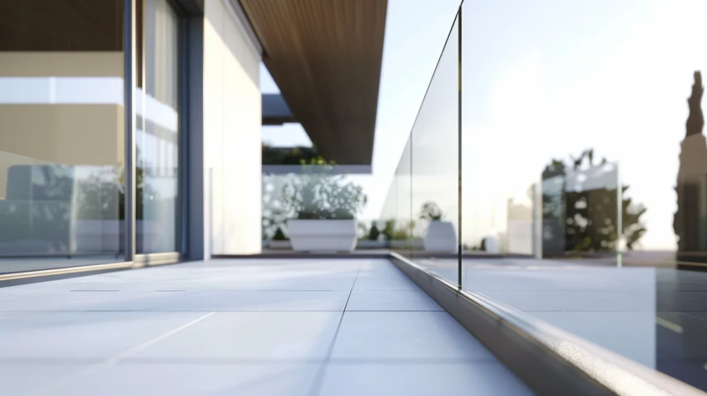 Base Shoe anchoring frameless glass railing on a modern balcony.