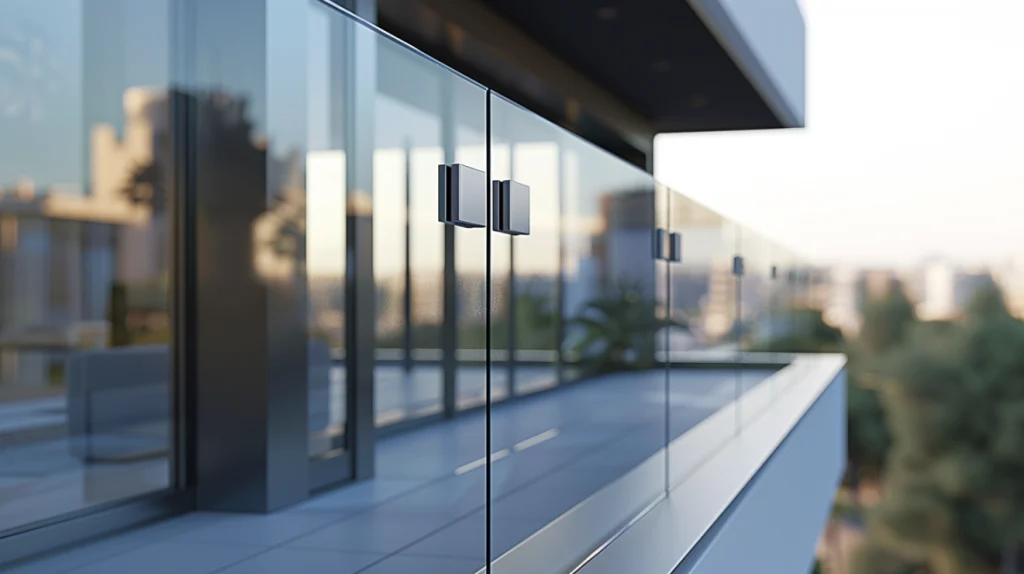 Base Shoe system holding frameless glass railing on outdoor balcony.