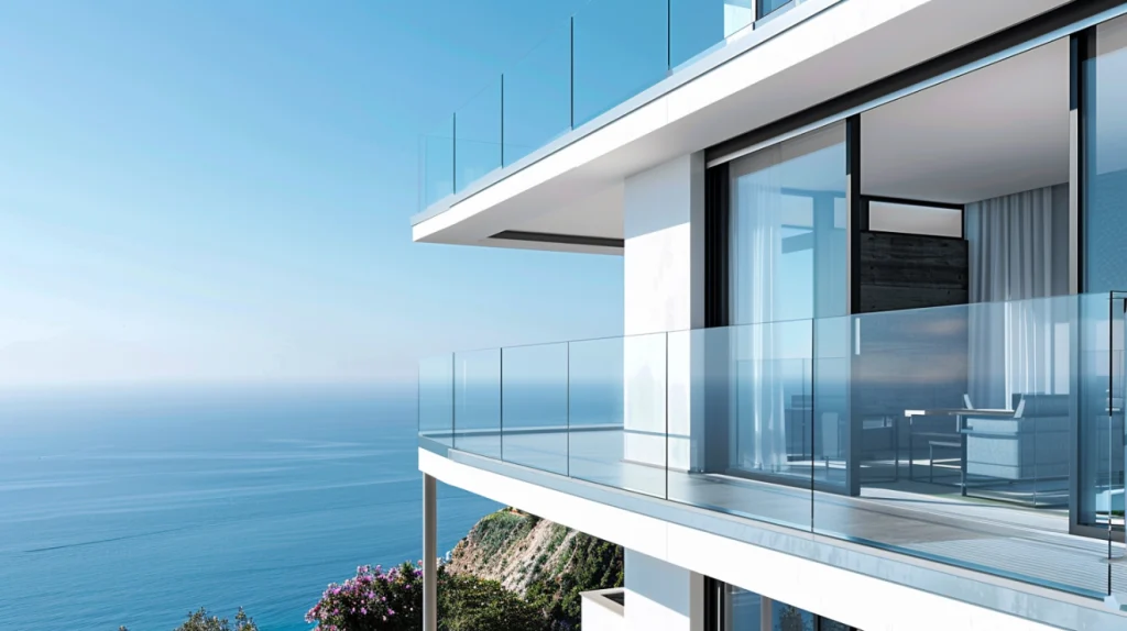 Outdoor deck with frameless glass railings and garden view