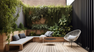 A cozy outdoor space featuring sleek vertical cable railings, greenery-filled built-in planters, and comfortable seating for relaxation.