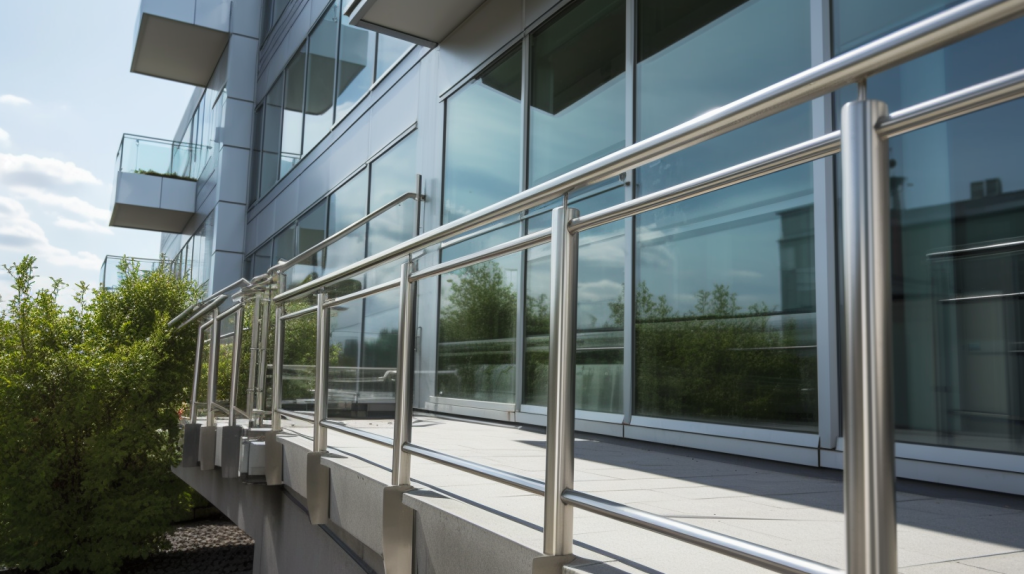 A sleek modern commercial building featuring stainless steel railings, gates, and awnings, showcasing the durability and versatility of stainless steel