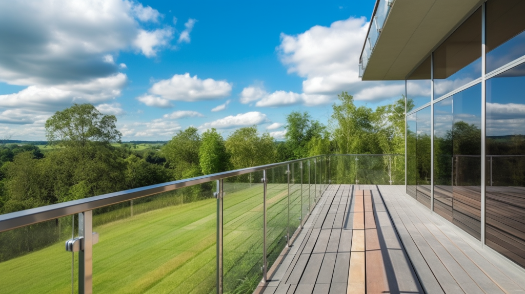 A beautiful modern exterior deck featuring aluminum and glass railings by Belcarraglass