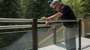 homeowner inspecting their glass railing for signs of we 069efb40 7c4e 40b8 894b a0f013c08eb6