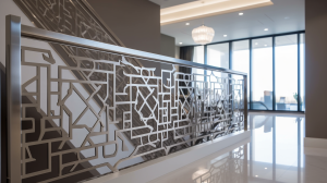 A luxurious hallway with a custom-designed stainless steel railing, showcasing a unique geometric pattern that complements the home's contemporary design
