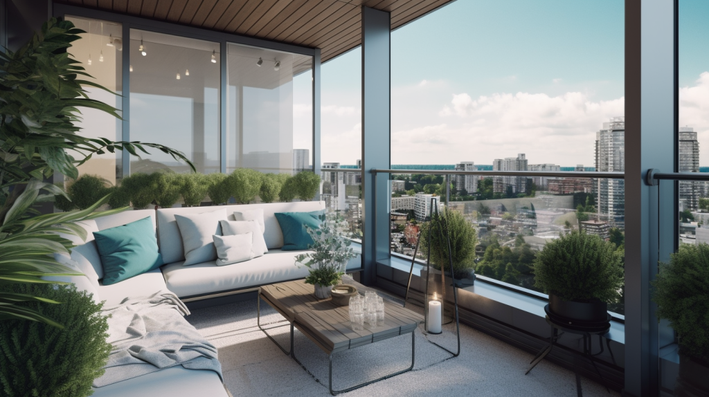 modern condo balcony with a glass railing