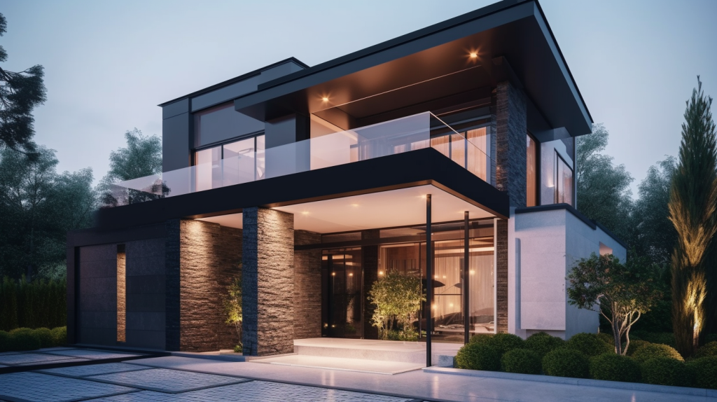 modern home exterior featuring frameless glass railings and a matching glass canopy over the entrance