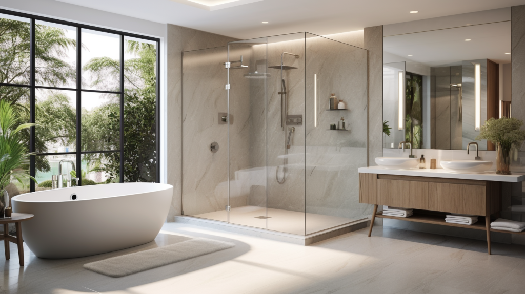 Chic frameless shower glass enclosure in a modern bathroom