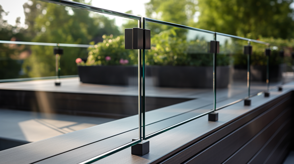 Detail of a topless glass railing corner