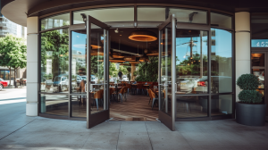 Blog 7 Revolving glass door by Belcarra Glass at a chic coffee shop entrance