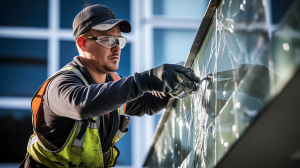 Technician expertly removing broken balcony glass