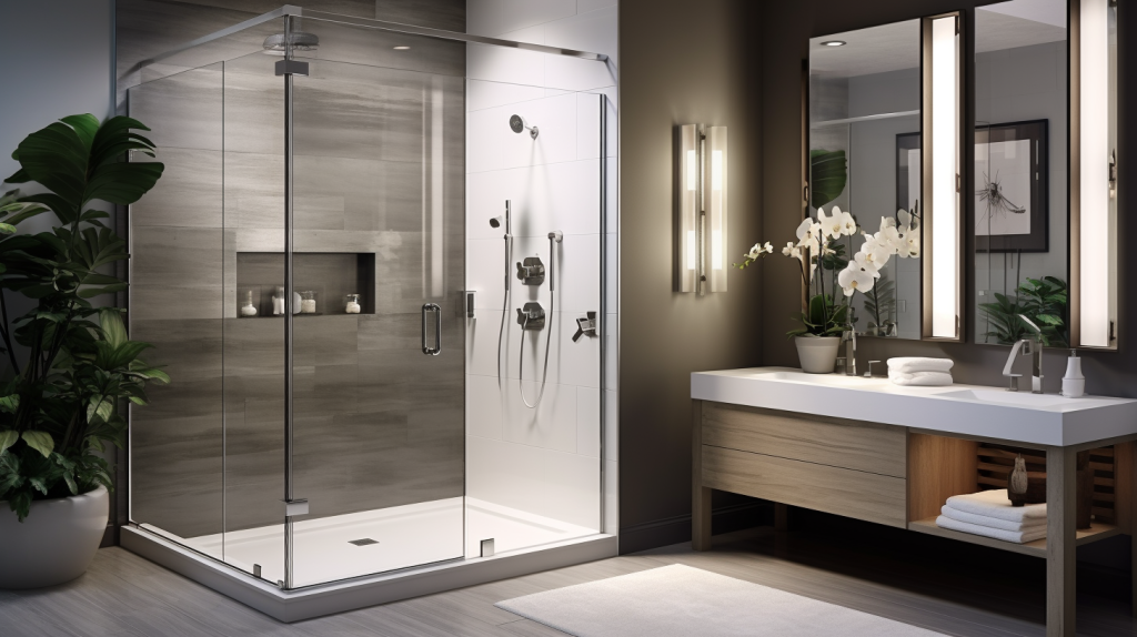 Luxurious bathroom featuring an elegant glass shower door with steel handles