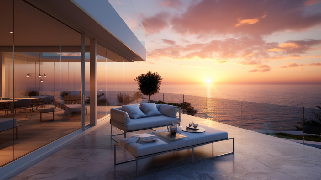 Modern Patio Glass Railing overlooking a sunset ocean view
