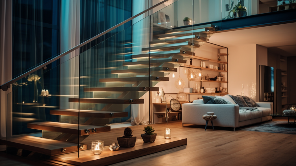 Stylish interior staircase with glass railings and ambient lighting