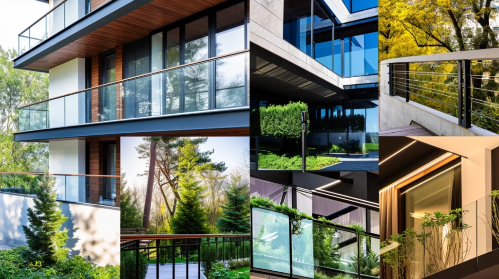 Collage of 2024's railing trends featuring aluminum, glass, and wood-steel combinations in various architectural contexts