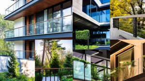 Collage of 2024's railing trends featuring aluminum, glass, and wood-steel combinations in various architectural contexts