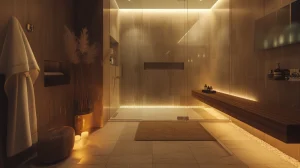 Tranquil home spa bathroom with frameless glass shower
