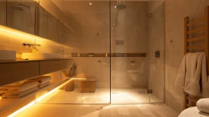 Luxurious frameless glass steam shower in a modern bathroom