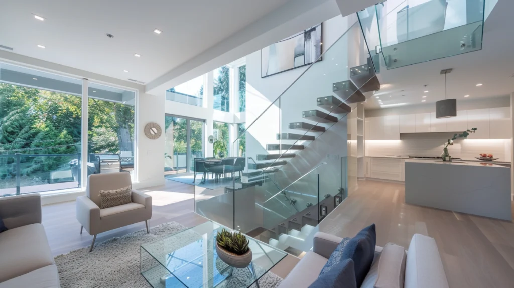 Frameless glass railing Burnaby surrounding a modern staircase
